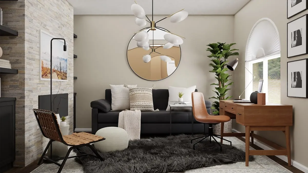 Modern otthon fa és textil kiegészítőkkel